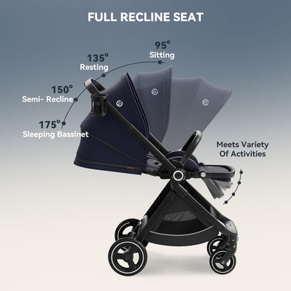 EMU Baby Stroller with Reversible Seat Full-Size Infant Stroller with Full Recline Cockpit Compact Foldable Toddler Carriage for Outdoor City - Black