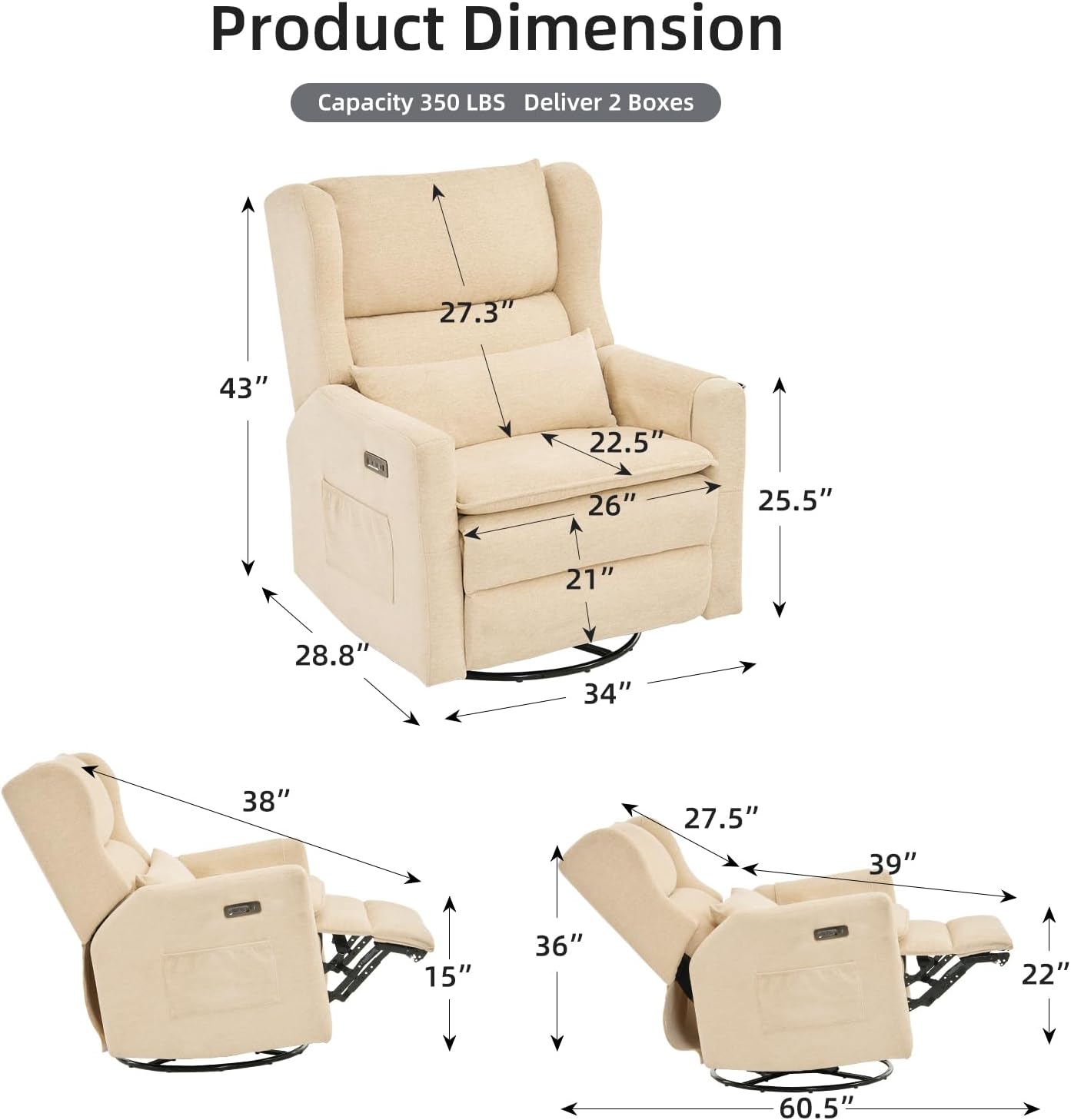 Large Glider Rocker Recliner,Rocking Chair Nursery with Adjustable Headrest,Swivel Rocker Recliner with Lumbar Support,Manual Nursery Rocker Recliner for Living Room& Bedroom,Chenille White