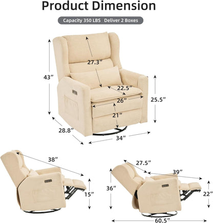 Large Glider Rocker Recliner,Rocking Chair Nursery with Adjustable Headrest,Swivel Rocker Recliner with Lumbar Support,Manual Nursery Rocker Recliner for Living Room& Bedroom,Chenille White