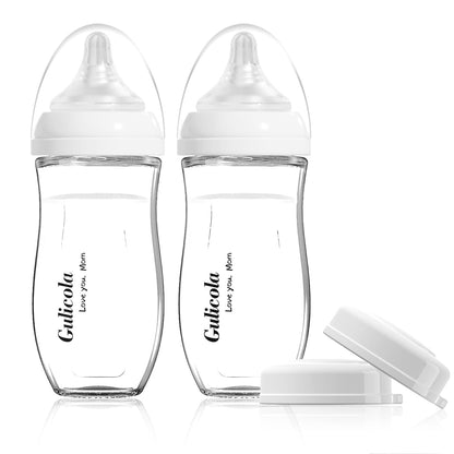 Gulicola Small Glass Baby Bottle for Newborn Breastfeeding Babies, Preemie & Extra Slow Flow Nipples (SS), Anti-Colic, Breast-Like, 0 Months+, 3 oz, 2 Pack - White