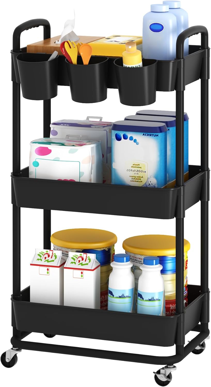3-Tier Baby Diaper Caddy Organizer Cart with Locking Wheels & Hanging Cups - Rolling Storage Cart for Nursery, Changing Table, Baby Essentials,White