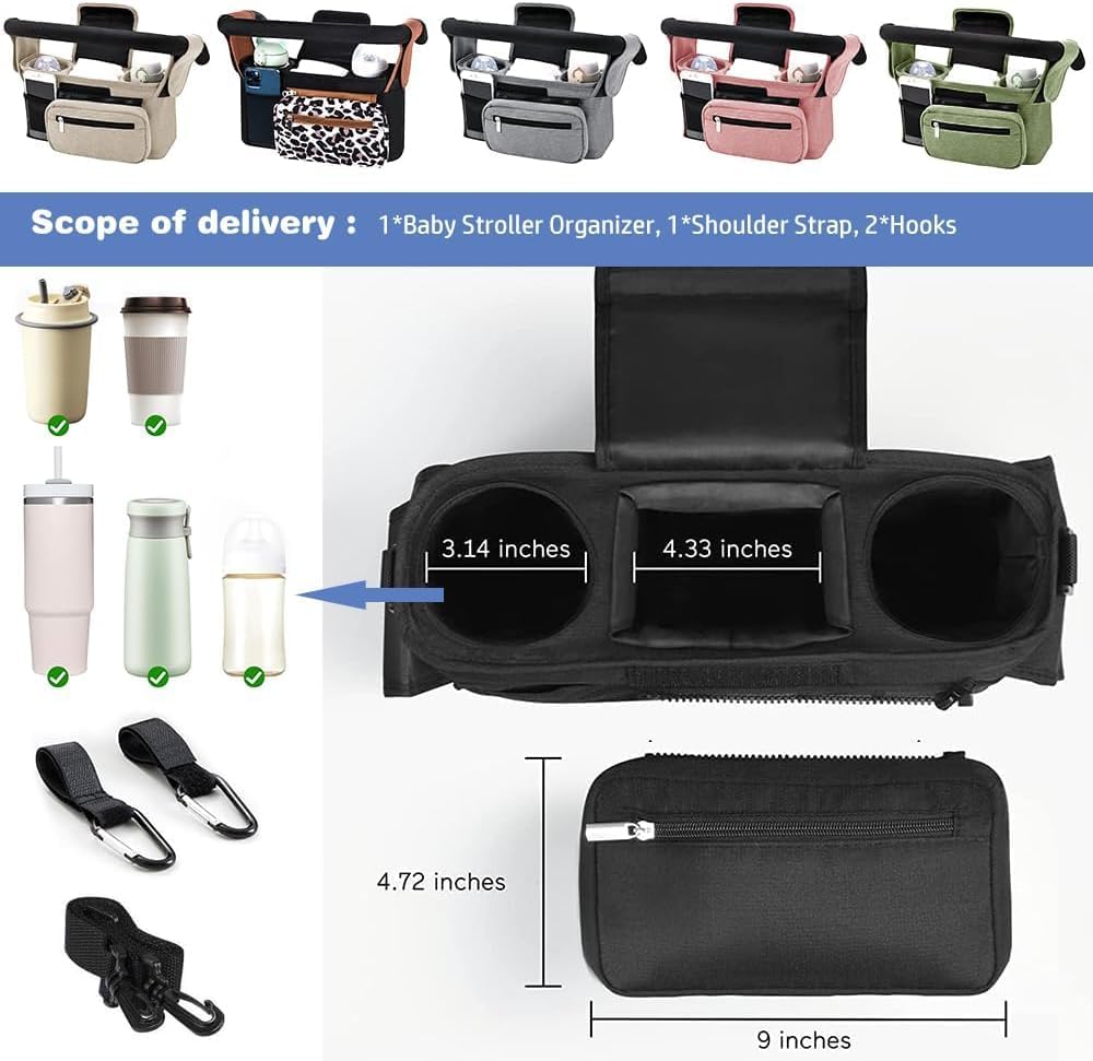 Baby Stroller Organizer, Universal Stroller Organizer with Detachable Phone Bag, Stroller Caddy with 2 Insulated Cup Holders, Buggy Organizer Bag with 2 Hooks Fits Most Strollers (Balck)