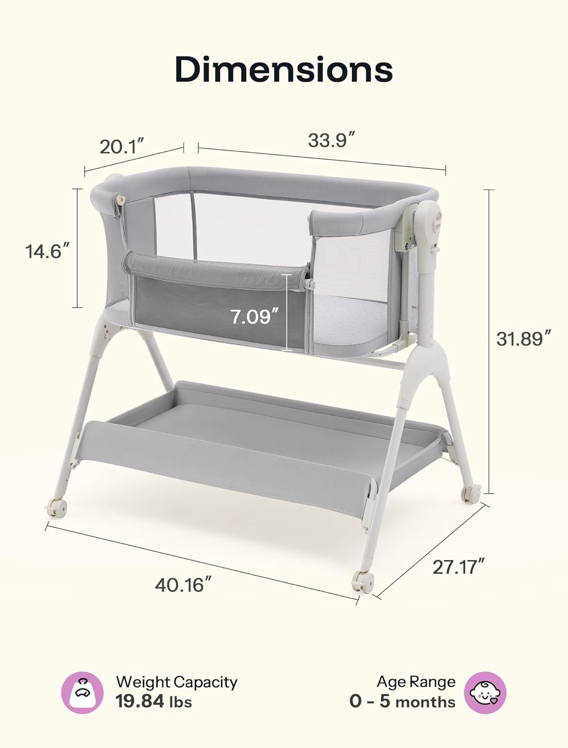 HARPPA Cuddly Sway Baby Bassinet Bedside Sleeper, 3 in 1 Rocking Bassinet with Mattress and Soft Cover, Full Mesh Sides, 5 Height Adjustable with Wheels for Newborns, Beige