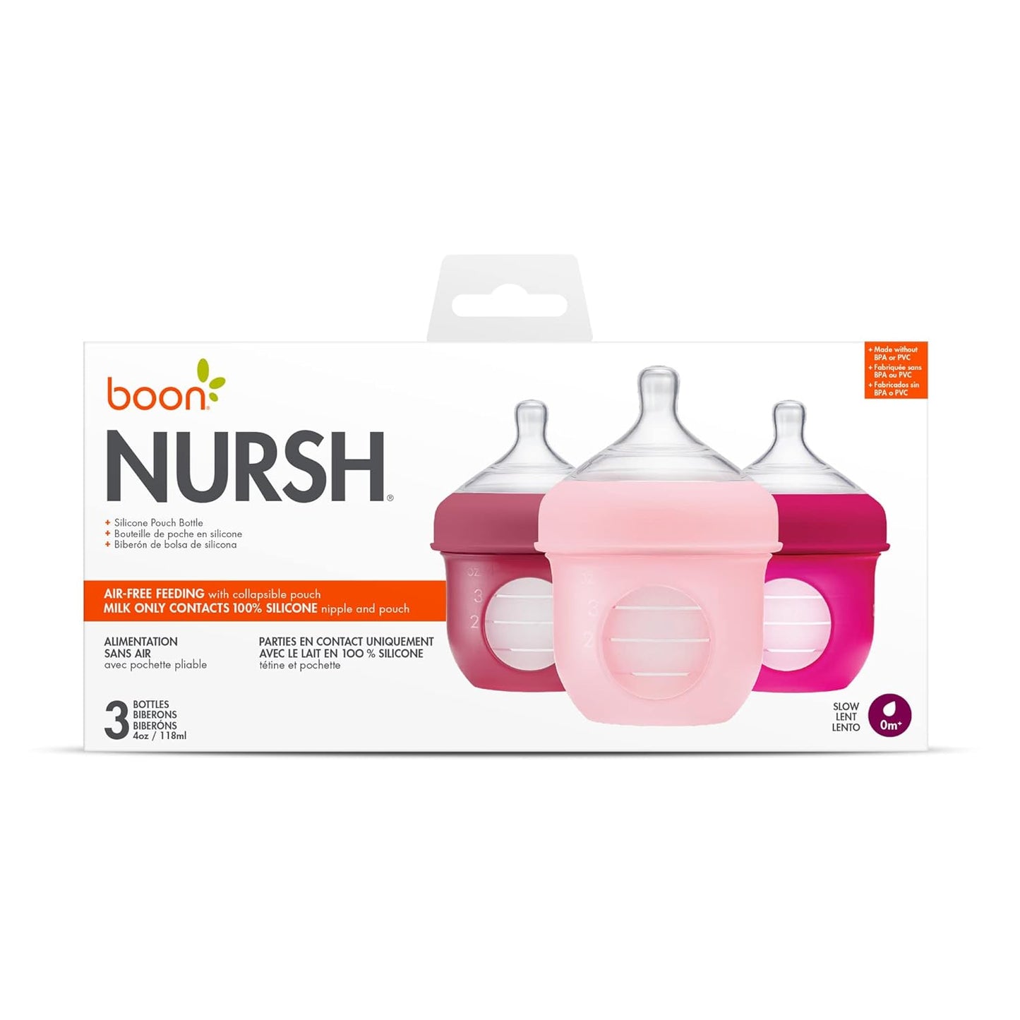 Boon Nursh Reusable Silicone Pouch Baby Bottles - Slow Flow Nipple - Silicone Baby Bottle Pouch and Nipple - Baby Feeding Essentials - Speckle - 0-3 Months - 3 Count - 4 Ounce