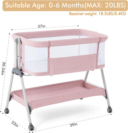 ANGELBLISS Baby Bassinet Bedside Sleeper, Easy Folding Portable Bassinet for Baby with Wheels, Adjustable Height, Included Mattress (Beige)
