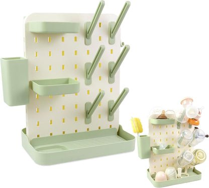 Baby Bottle Drying Rack Space Saving Countertop Vertical Rack with Brushes Holder (Pink)