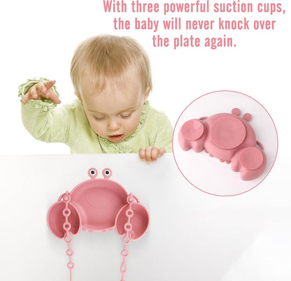 Silicone Baby Feeding Set, 8-Piece Baby Led Weaning Supplies Included Toddler Suction Plate, Bowl, Cup, 3 Spoons & 2 Safety Straps Keep Spoon, Fork & Bottle Off The Floor for Self-Feeding (Blue)
