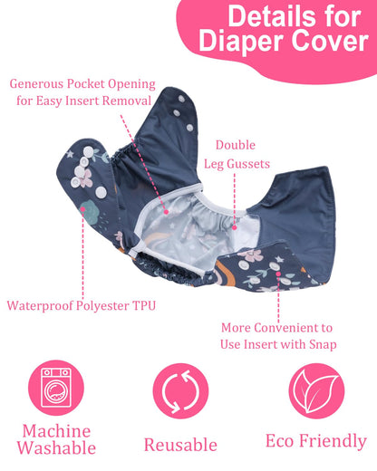 babygoal Cloth Diaper Covers 6 Pack with Wet Bag for Fitted Diapers and Prefolds with Double Gussets, Adjustable and Reusable for Baby Boys and Girls