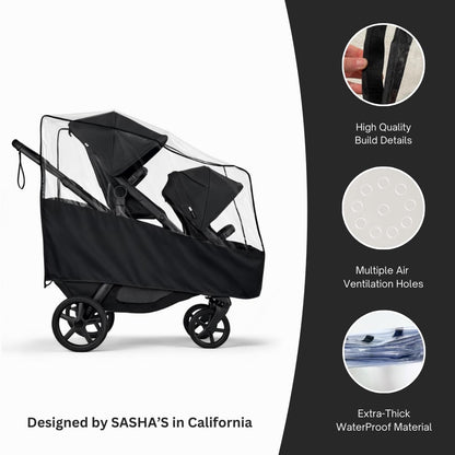Rain Cover for the Bugaboo Kangaroo Double by SASHA'S (Stroller Not Included) - Weather Shield, Wind Cover