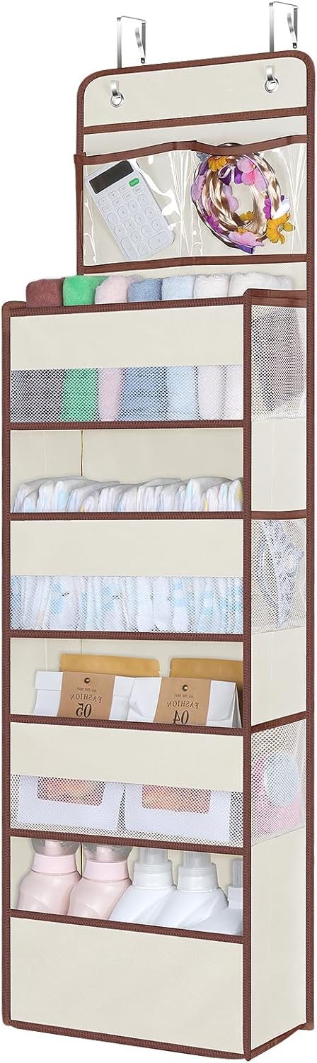 Univivi Over The Door Organizer, 5 Shelf Door Hanging Organizer Nursery Door Storage with 4 Large Compartments and 2 Small PVC Pockets 6 Side Pockets for Bathroom,Cosmetics and Nursery Baby Essential