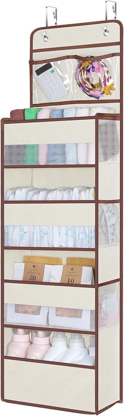 Univivi Over The Door Organizer, 5 Shelf Door Hanging Organizer Nursery Door Storage with 4 Large Compartments and 2 Small PVC Pockets 6 Side Pockets for Bathroom,Cosmetics and Nursery Baby Essential