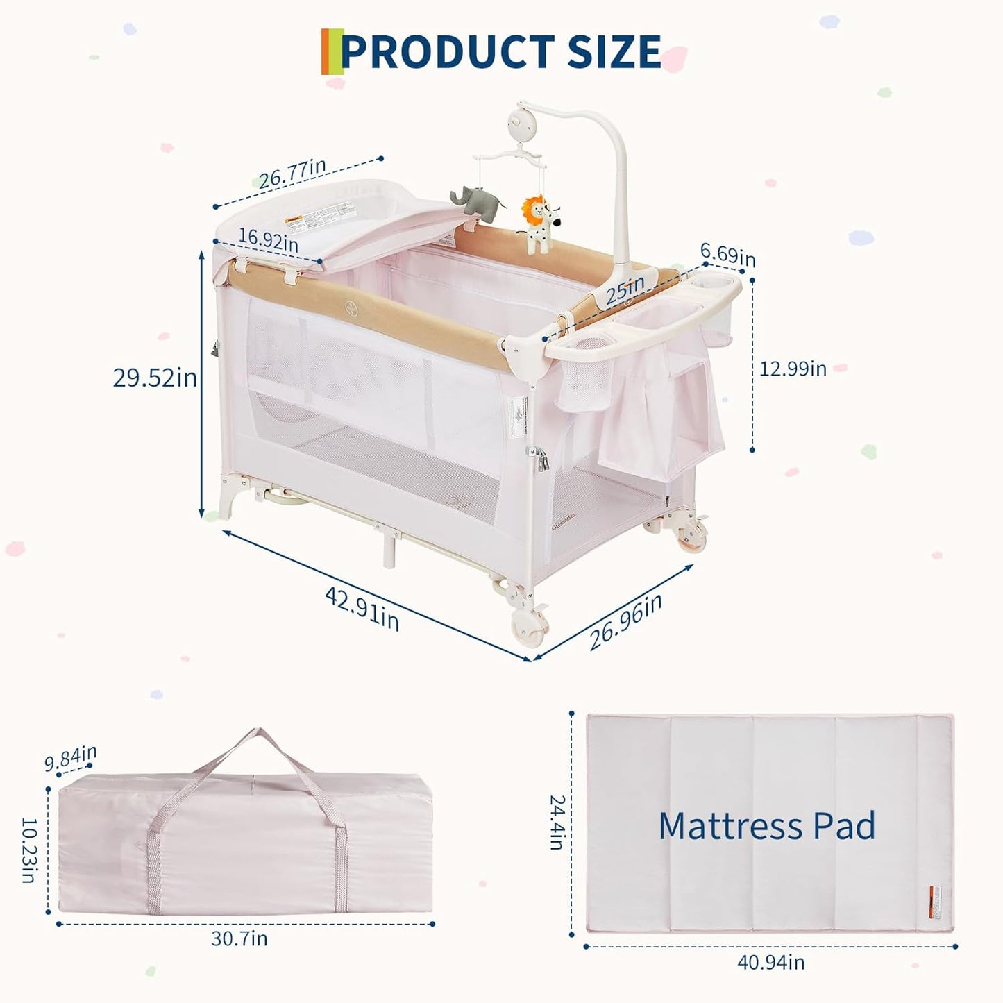 4 in 1 Baby Playard, Portable Bedside Crib with Rocking Bassinet & Diaper Changer, Infant Pack and Play with Mattress, Large Toddler Playpen, Newborn Changing Table, Storage Pocket & Rotating Toy Bar