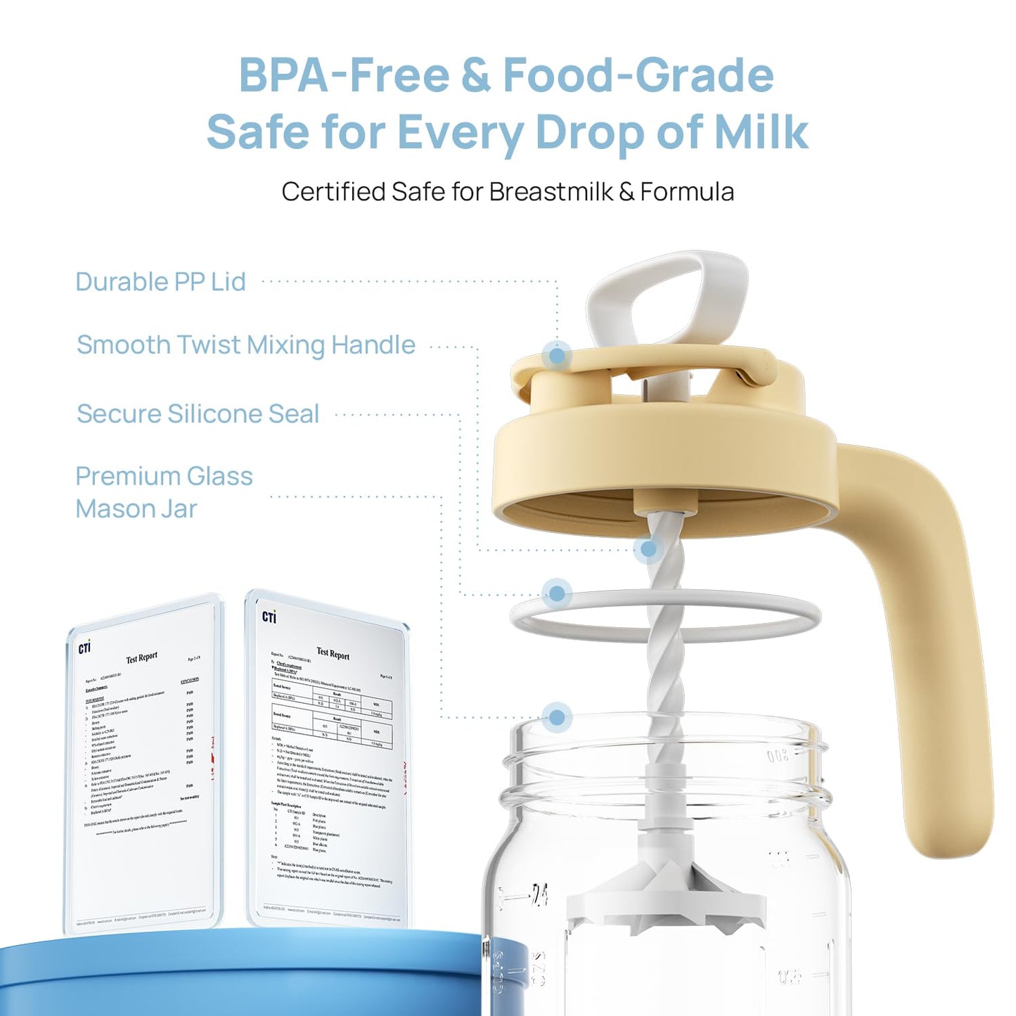 Papablic Breast Milk Pitcher, Glass Formula Mixer with Easy-Blend Handle Lid, Leakproof Breastmilk Fridge Storage Container, Wide Mouth, BPA-Free, Baby Feeding Pitcher, Blue