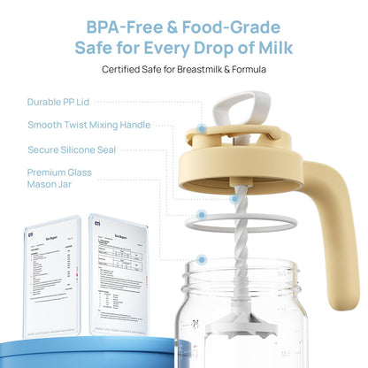 Papablic Breast Milk Pitcher, Glass Formula Mixer with Easy-Blend Handle Lid, Leakproof Breastmilk Fridge Storage Container, Wide Mouth, BPA-Free, Baby Feeding Pitcher, Blue
