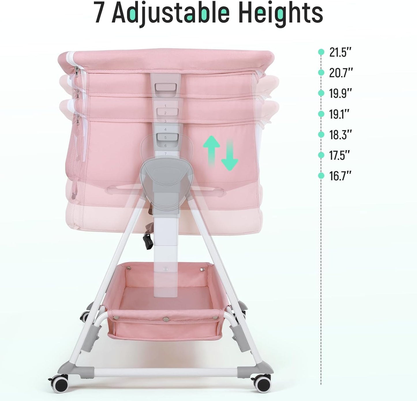 Cowiewie Bassinet Bedside Sleeper, Baby Bassinet with 7 Adjustable Height, Bedside Bassinet for Baby with Storage, Breathable Mesh & Mattress, Portable Bassinet Easy Folding (Pyramid Light Gray)