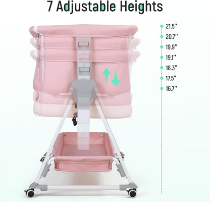 Cowiewie Bassinet Bedside Sleeper, Baby Bassinet with 7 Adjustable Height, Bedside Bassinet for Baby with Storage, Breathable Mesh & Mattress, Portable Bassinet Easy Folding (Pyramid Light Gray)