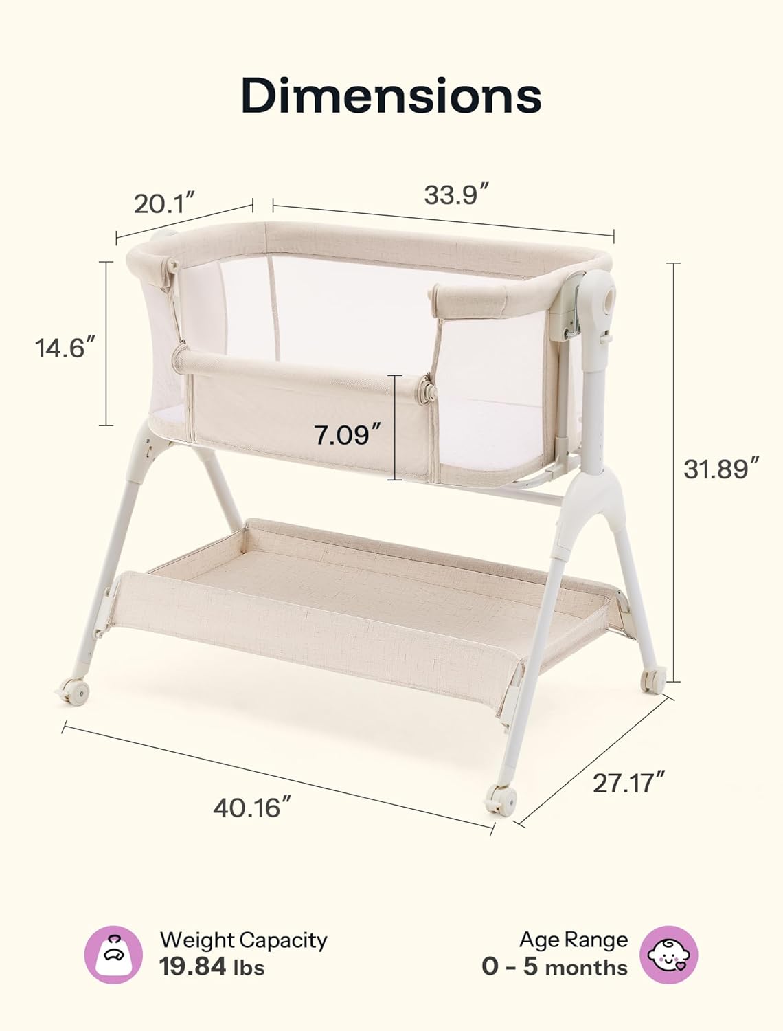 HARPPA Cuddly Sway Baby Bassinet Bedside Sleeper, 3 in 1 Rocking Bassinet with Mattress and Soft Cover, Full Mesh Sides, 5 Height Adjustable with Wheels for Newborns, Beige