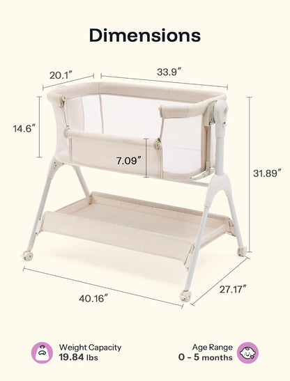 HARPPA Cuddly Sway Baby Bassinet Bedside Sleeper, 3 in 1 Rocking Bassinet with Mattress and Soft Cover, Full Mesh Sides, 5 Height Adjustable with Wheels for Newborns, Beige