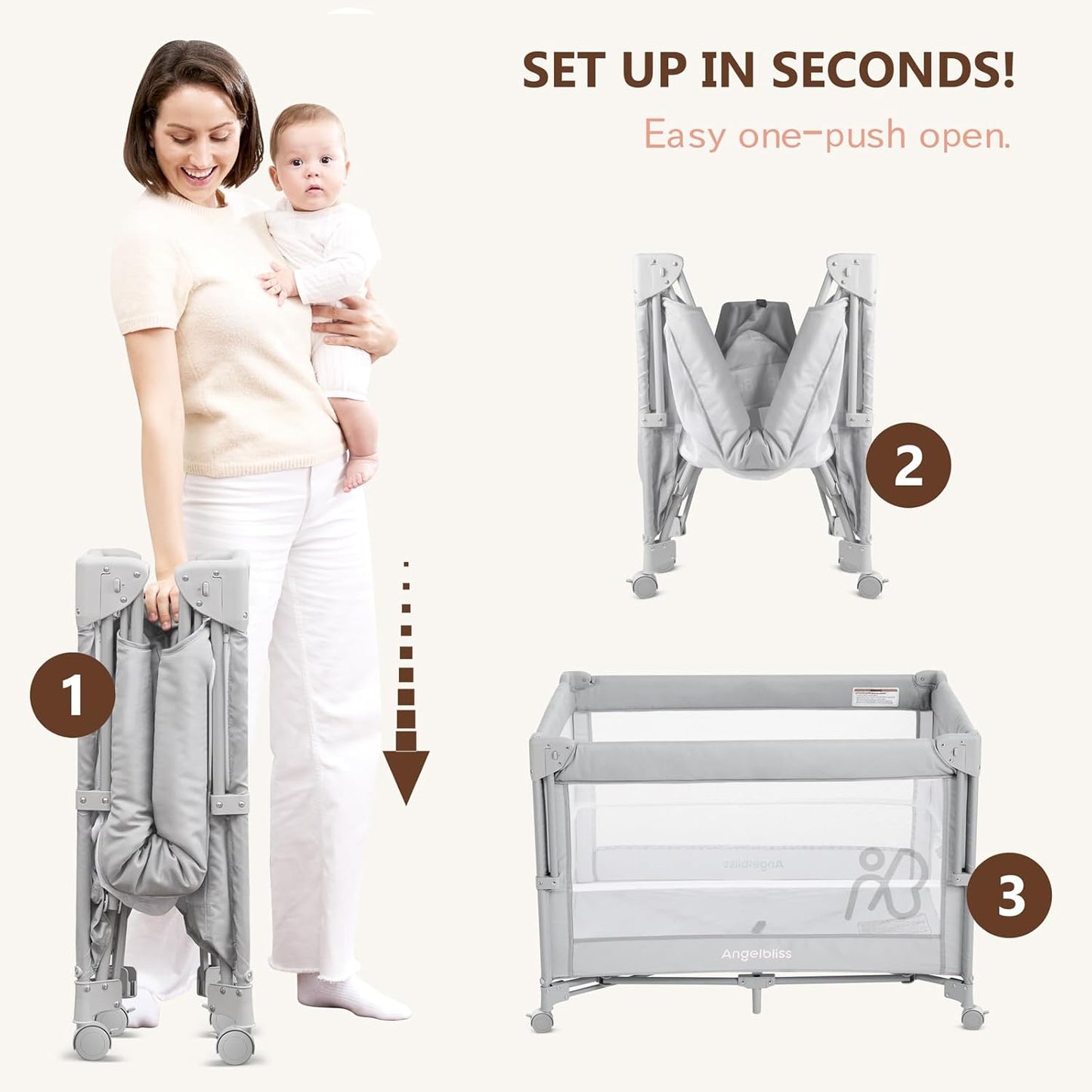 ANGELBLISS Baby Bassinet Bedside Crib, Pack and Play with Mattress, Diaper Changer, One-Push Setup Playards from Infants to Toddlers (Balck)