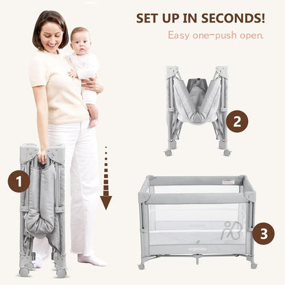 ANGELBLISS Baby Bassinet Bedside Crib, Pack and Play with Mattress, Diaper Changer, One-Push Setup Playards from Infants to Toddlers (Balck)
