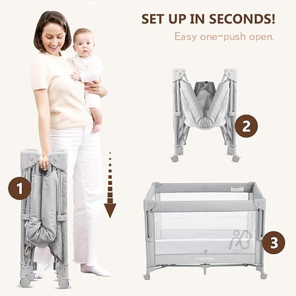 ANGELBLISS Baby Bassinet Bedside Crib, Pack and Play with Mattress, Diaper Changer, One-Push Setup Playards from Infants to Toddlers (Grey)