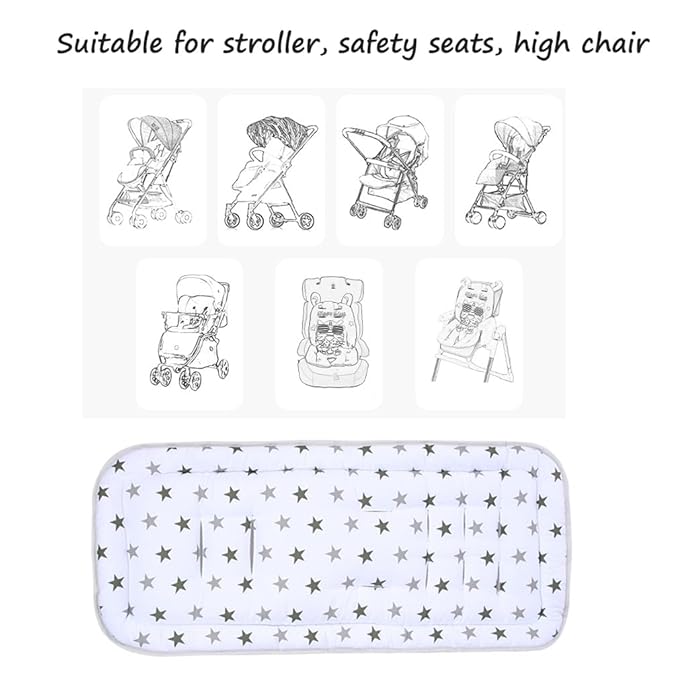 Baby Stroller Seat Liner Kids Pushchair Seat Cushion Mat Universal Breathable Stroller Liner Insert Stroller Cushion Pad Thick Cotton Stroller Liner Seat Pad Cover for Car (White & Gray Star)