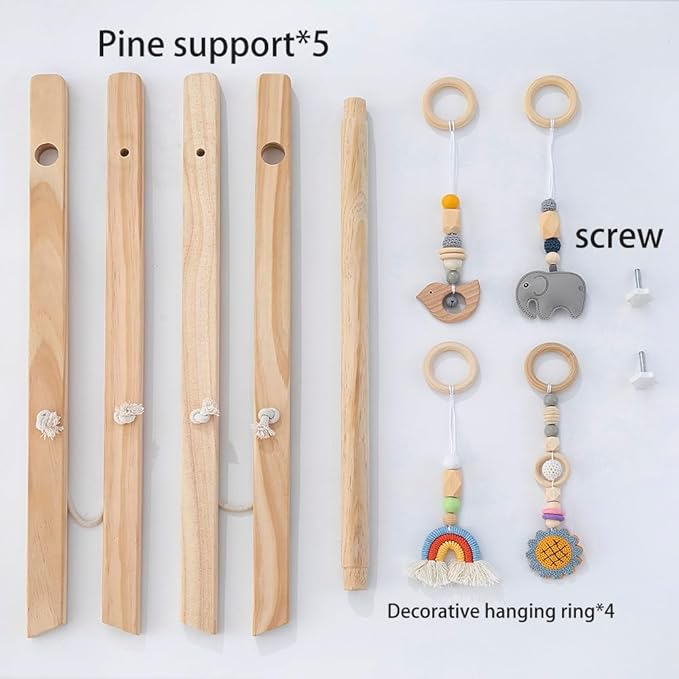 Wooden Baby Play Gym with Hanging Bar, 4 Gym Toys and Natural Pine Wood, Perfect for Infant Development