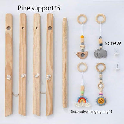 Wooden Baby Play Gym with Hanging Bar, 4 Gym Toys and Natural Pine Wood, Perfect for Infant Development