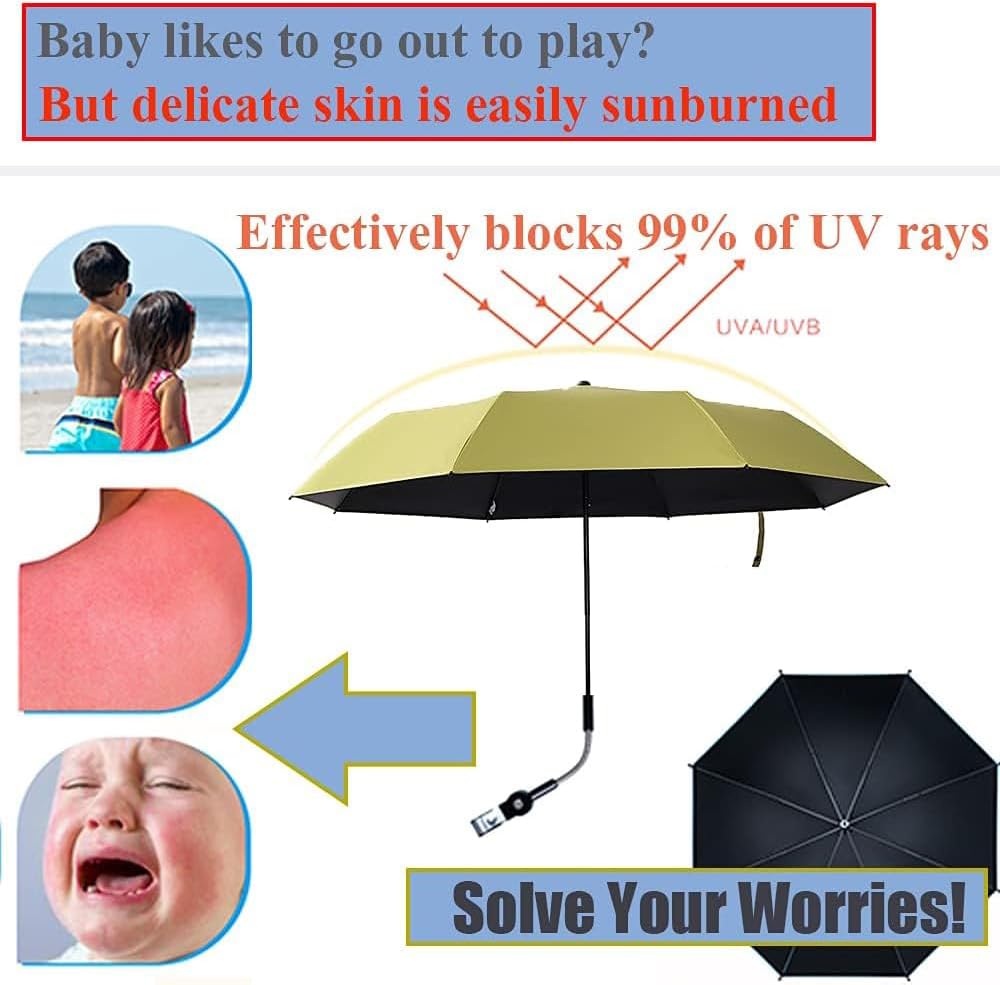 Universal Baby Stroller Sun Protection Parasol, with Umbrella Clip Fixing Device, UPF 90+ UV Protect Pushchair Sun Parasol (Silver)