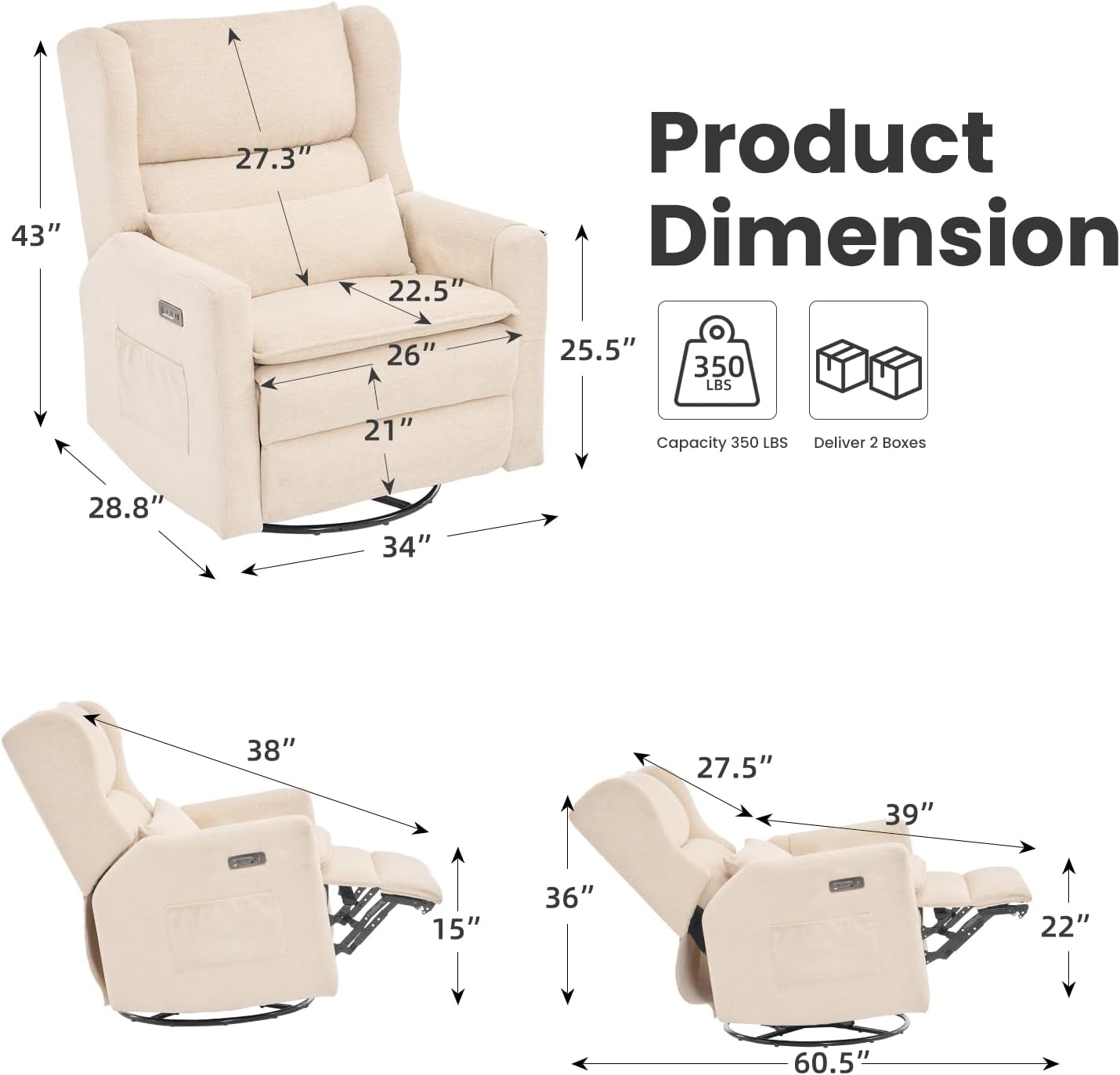 Power Recliner Chair Swivel Glider with Adjustable Headrest，Oversized Swivel Rocker Recliner with Lumbar Support, Upholstered Nursery Glider Recliner for Living Room,White