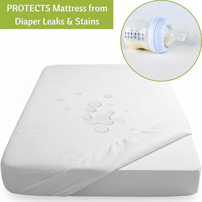 Vesta Baby Crib Mattress Protector - 52” x 28” Noiseless Waterproof Pad Cover - Absorbent Soft Jacquard Bamboo Rayon Fitted Sheet for Infant & Toddler Bed Potty Training