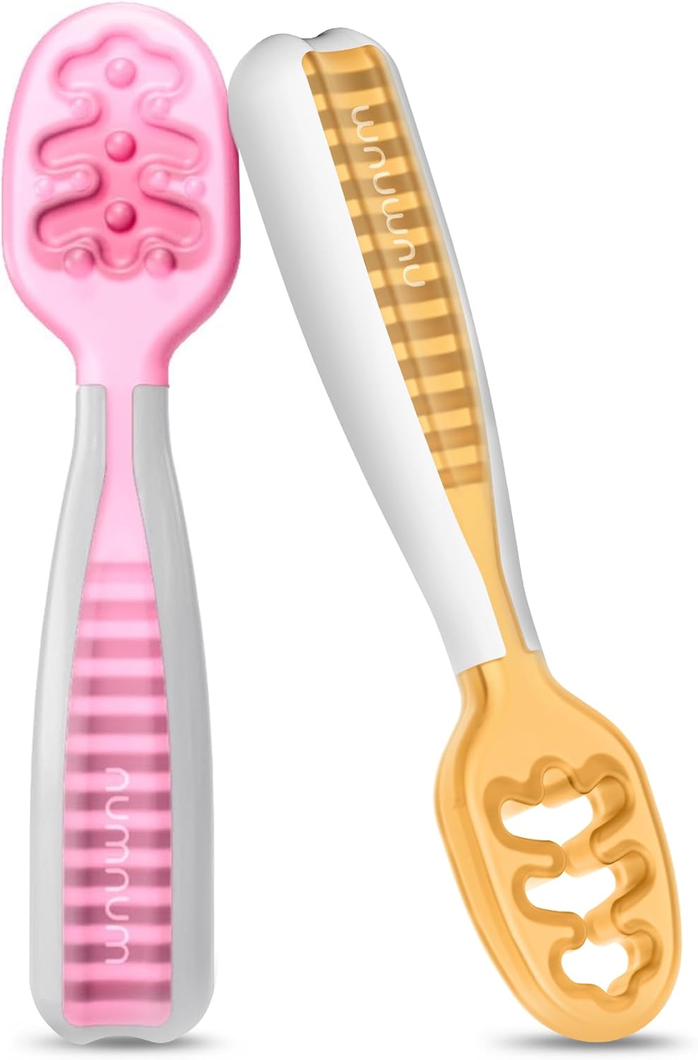 NumNum Baby Spoons Set, Baby Essentials Pre-Spoon GOOtensils for 6+ Months, First Stage Self-Feeding Spoons for Baby Led Weaning (BLW), Silicone Toddler Utensils, BPA-Free, 2 Pack Gray/Green