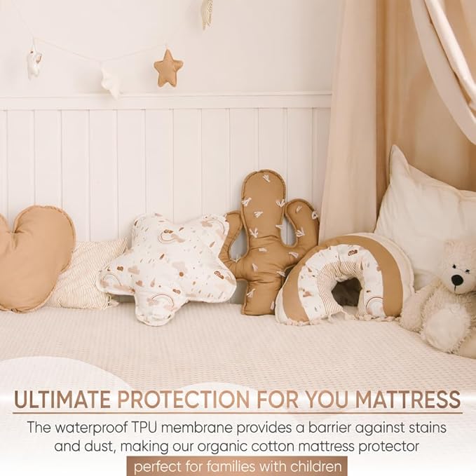 Deluxe Organic Cotton Percale Crib Mattress Protector Waterproof – OCS Certified - Premium 280 GSM Breathable Soft Baby Mattress Pad Cover, Fitted Standard 52 x 28