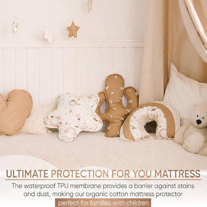 Deluxe Organic Cotton Percale Crib Mattress Protector Waterproof – OCS Certified - Premium 280 GSM Breathable Soft Baby Mattress Pad Cover, Fitted Standard 52 x 28