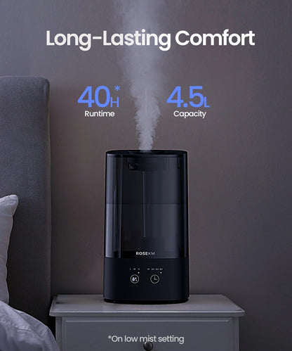 ROSEKM Humidifiers for Bedroom, 2.0L Cool Mist Humidifier for Home Plant and Baby Nursery, Quiet Ultrasonic Humidifier with 360° Nozzle, Auto Shut-Off, Filterless, Black