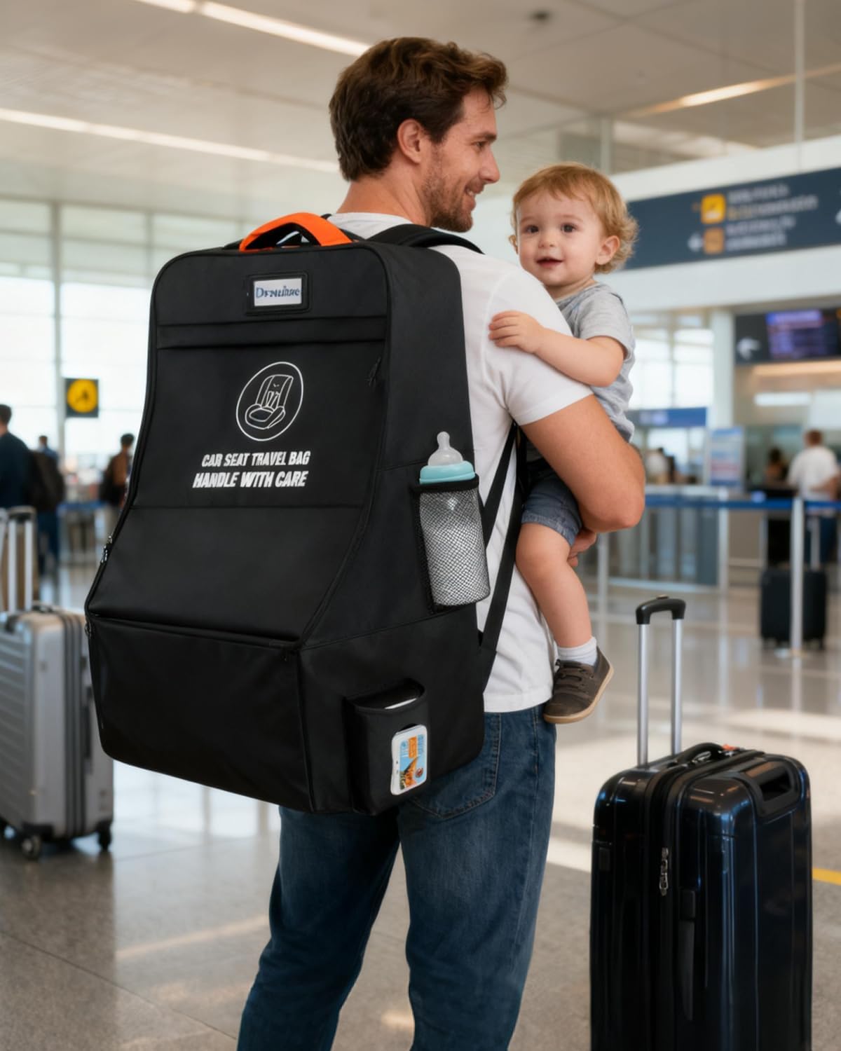 Padded Car Seat Travel Bag for Airplane, Heavy-Duty & Waterproof Car Seat Backpack for Air Travel, Fits Most Baby Car Seats, Boosters & Carriers with Airtag Compatible - Black