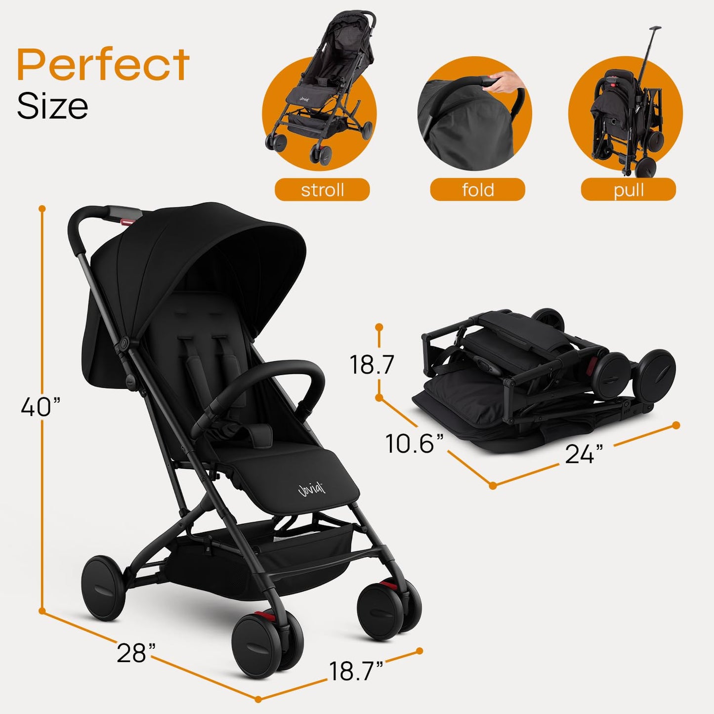 Jovial Lightweight Baby Stroller, Folding Travel Stroller with Reclining Seat, Canopy, 5-Point Safety Harness, Storage Basket, Smooth Wheels, Compact Portable Design (39.8" x 18.7" x 32.3")