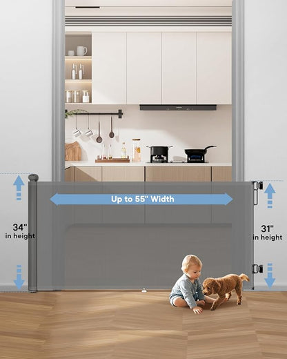 Retractable Baby Gates | 55" Wide x 34" Tall Dog Gates | One-Hand Operation | Baby Gates for Stairs, Doorways, Deck, Porch, Hallways, Patio - Gray