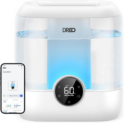 DREO Smart Humidifiers for Bedroom, 6L Top Fill Supersized Cool Mist Humidifier for Large Room, 60 Hour Runtime, Quiet Ultrasonic Humidifier for Plants, Indoor, Home, Night Light, Black