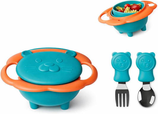 360° Baby Magic Bowl with Spoon Combo, Spill-Proof Gyro Balancing Feeding Bowl for Kids & Toddlers, BPA-Free, Anti-Spill Snack Bowl, Non-Slip, Portable Baby Food Bowl with Lid (Blue)