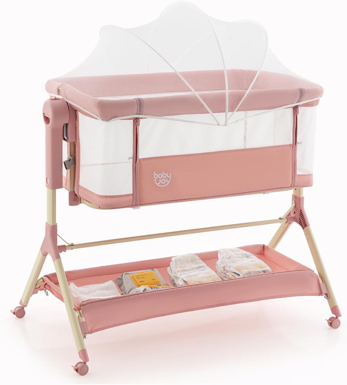 BABY JOY Bassinet Bedside Sleeper, Easy Folding Baby Crib w/All-Side Mesh, Storage Shelf, 7 Adjustable Heights, Mattress & Travel Bag for Safe Co-Sleeping, Portable Baby Bed for Newborn Infant -Gray