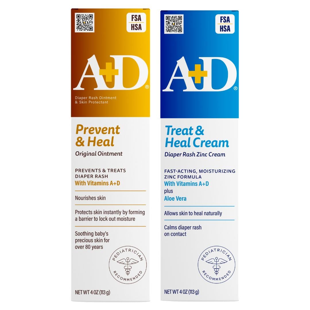 A+D Original Diaper Rash Ointment + Zinc Oxide Diaper Rash Cream 4oz Variety Pack - Prevents & Treats - Moisturizing Skin Protectant With Vitamins A & D
