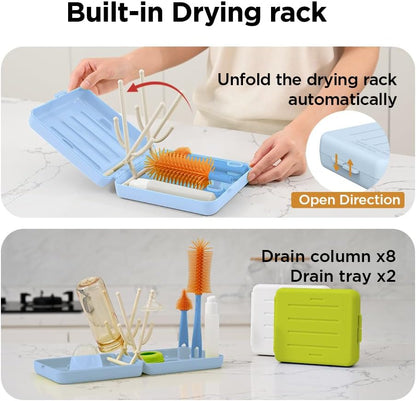 Travel Bottle Brush with Portable Bottle Drying Rack, Baby Bottle Brush for Baby Travel Essential, Blue