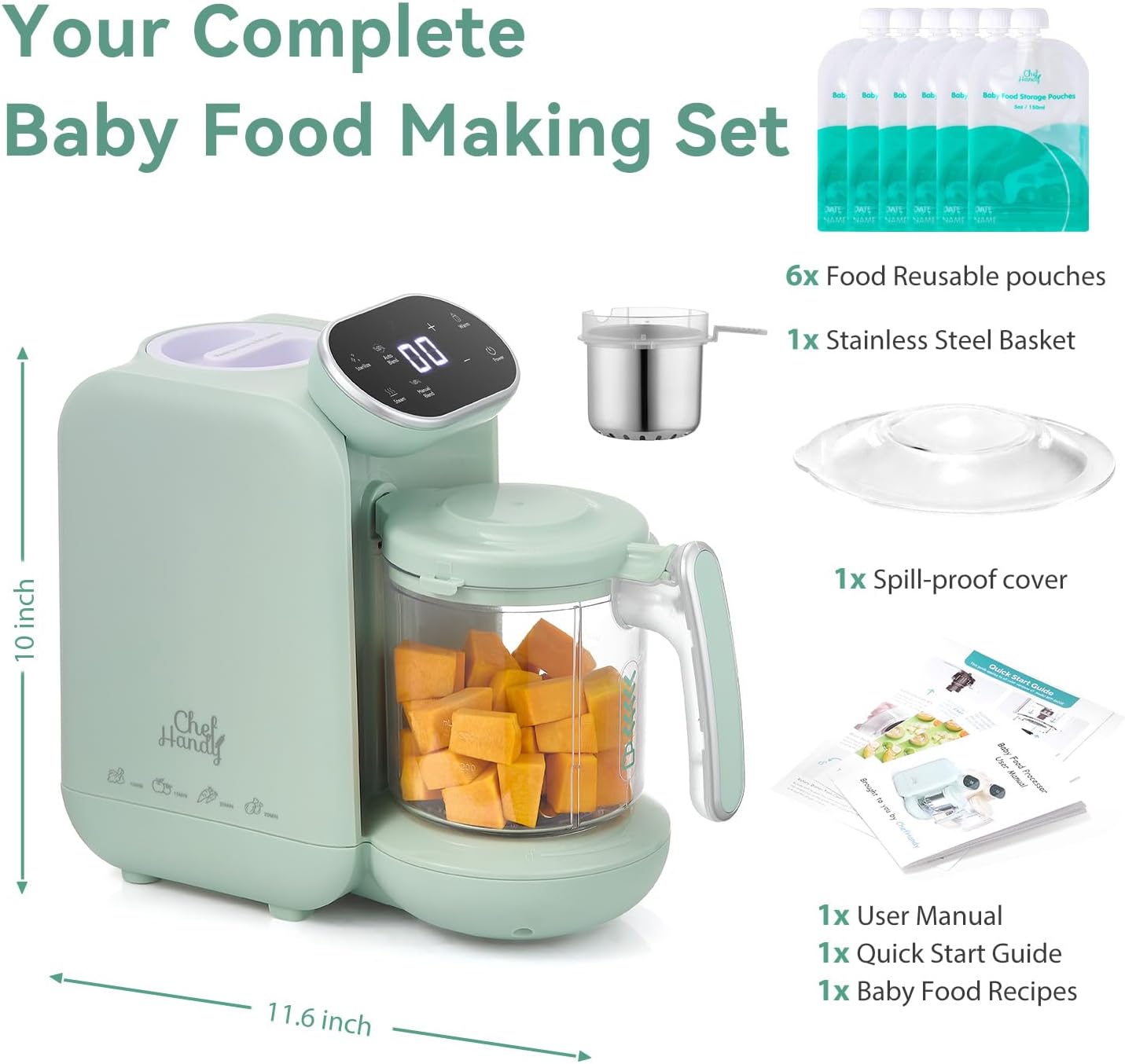 Chefhandy Baby Food Maker, Steamer & Blender with Stainless Steel Basket, Puree Maker with Auto/Manual Blend, Bottle Warmer & Sterili-zer, Safe & Easy-to-Clean Compact Baby Food Processor (Yellow)