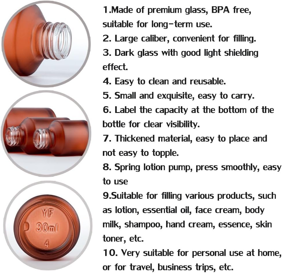 1PCS 60ML/2OZ Empty Refillable Amber Frosted Glass Bottles with Pump Vial Cosmetic Cream Lotion Dispenser Jars Storage Container for Essential Oil Emulsion Essence Portable Travel Bottle