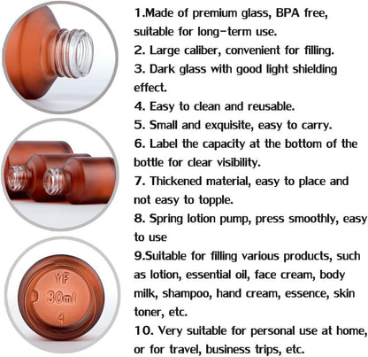 1PCS 60ML/2OZ Empty Refillable Amber Frosted Glass Bottles with Pump Vial Cosmetic Cream Lotion Dispenser Jars Storage Container for Essential Oil Emulsion Essence Portable Travel Bottle