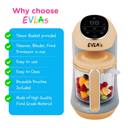EVLA'S Baby Food Maker, Steamer, Blender, Baby Food Processor for Healthy Homemade Baby Food in Minutes, Touch Screen with 6 Reusable Food Pouches, Baby Registry Essential, White