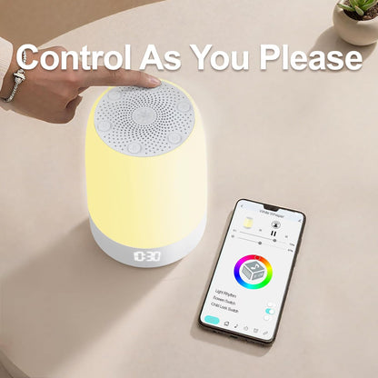 White Noise Machine Alarm Clock for Baby Adults Kids with 32 Soothing Sounds 8 Colors Rainbow Breathing Light，Toddler Sleep Trainer with Timer, App Remote Control，Bluetooth Playback for Bedroom