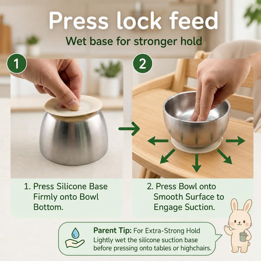 Stainless Steel Suction Bowl for Baby & Toddler – 4.3” Baby Led Weaning Bowl with Strong Silicone Base, 6M+ Self Feeding, Double Wall Insulated, Plastic-Free, Dishwasher Safe