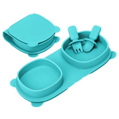 Baby Plates with Suction with Forks and Spoons, Foldable Silicone Toddler Plates, Baby Travel Essential, Microwave & Dishwasher Safe, Purple